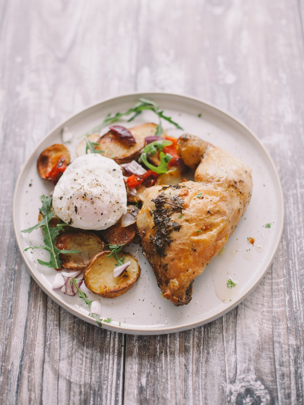 Sous vide roasted chicken legs with potato hash & poached eggs